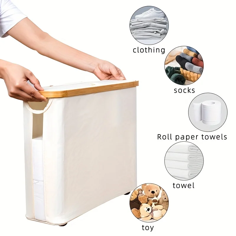 

1-Piece White and Gray Large-Capacity Foldable Toilet Paper Holder with Lid - Space-Saving Modern Bathroom Storage, No Assembly Required, Durable Wooden Frame and Gray Fabric Surface
