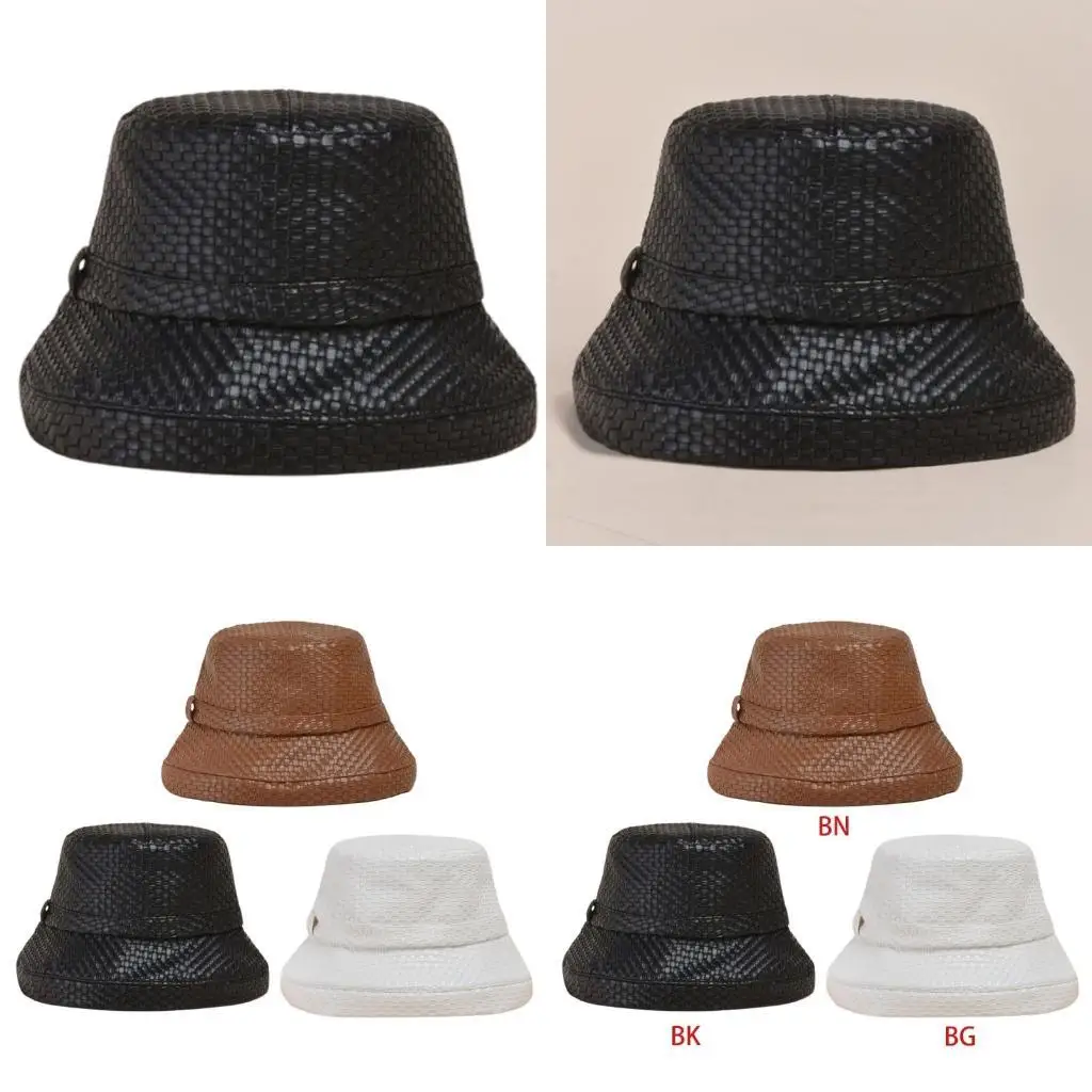 R1WE النمط الياباني المرأة خمر تقليد الجلود قبعة بحافة المنسوجة منقوشة بلون واسعة حافة واقية من الشمس الشتاء الخريف البانانا