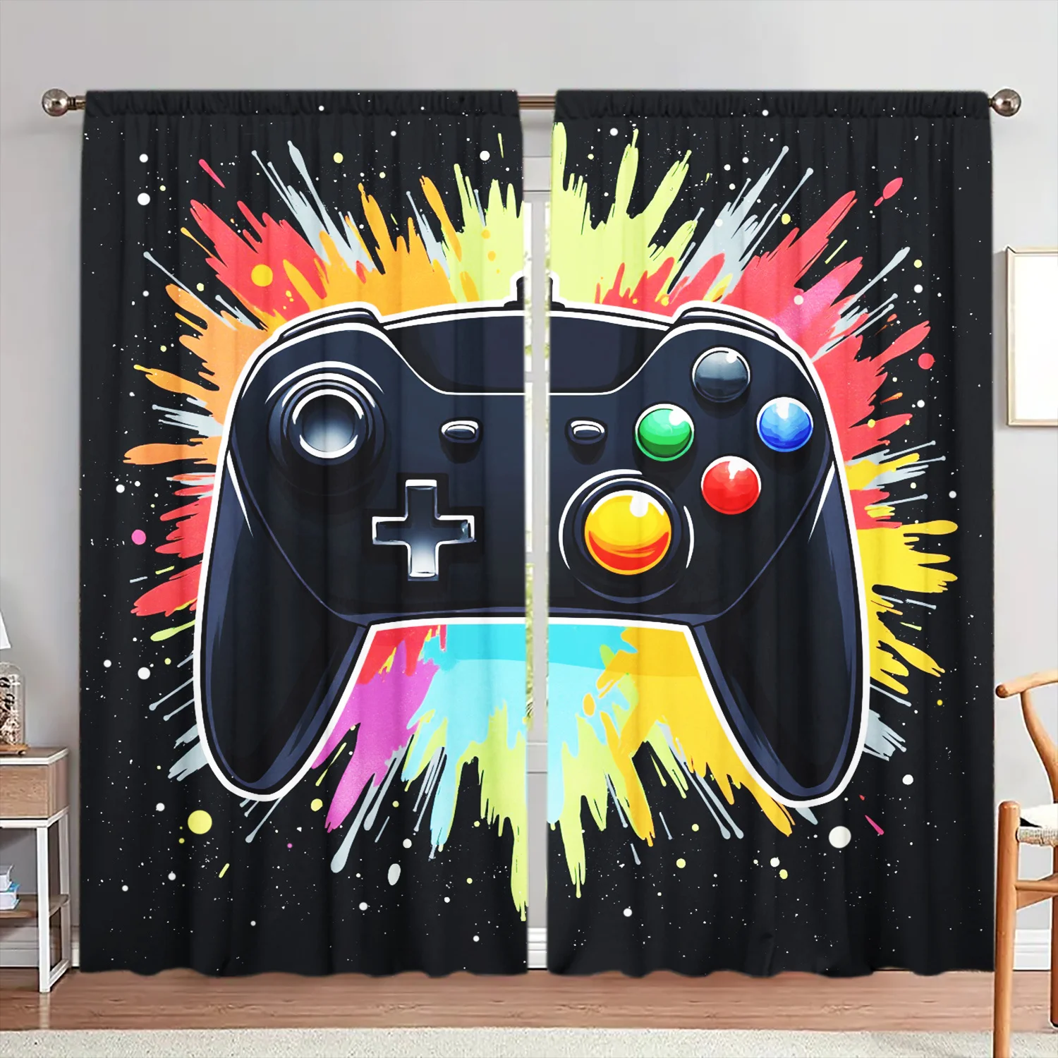 Game Controller Curtain Colorful Splash Joystick Print Drape Gamer Room Decor Window Treatment for Boys Bedroom Living Room Home