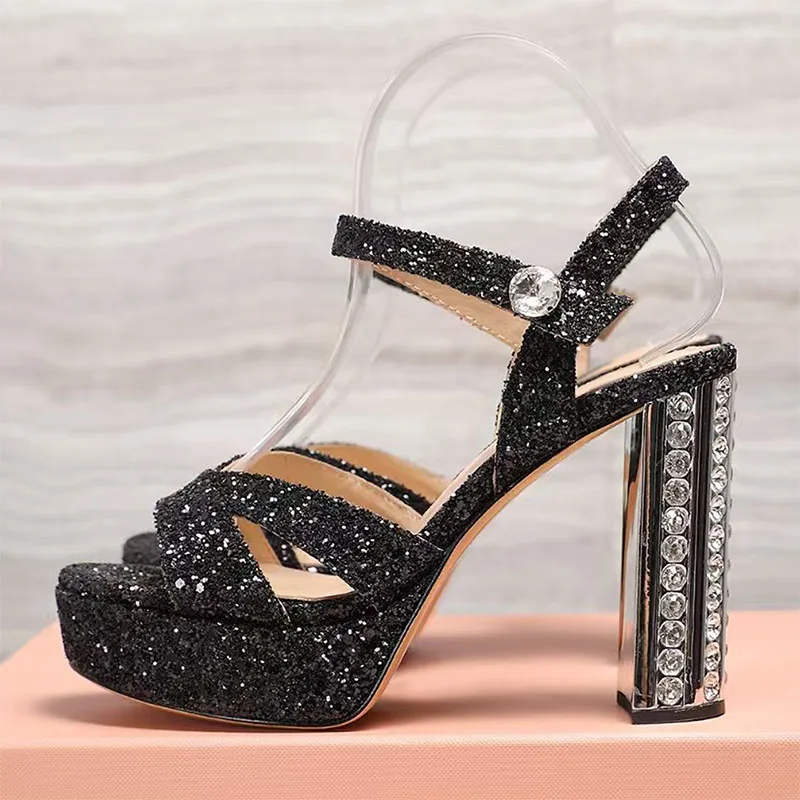 Sommer Super High Heels Sandalen Frauen Strass Verzierte Party Kleid Schuhe Frauen Kristall Quadratische Fersen Plattform Sandalen Frau