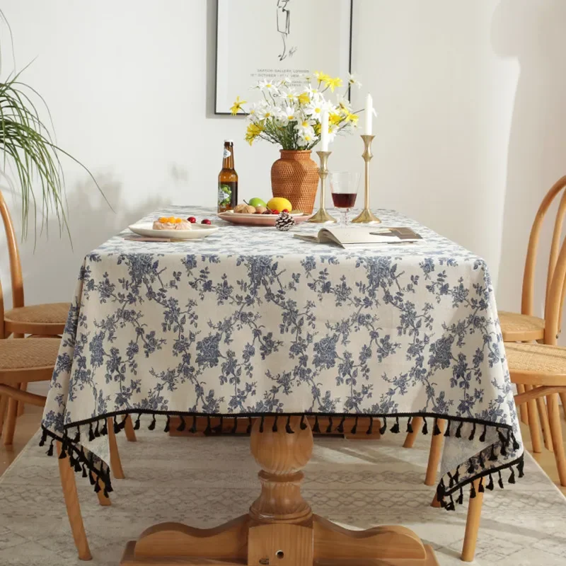 

Cotton and Linen Plant Printed Table Cloth, Retro Tassel Blue Printed Tablecloth, Tablecloths, Home Textile Fabric Table Linen