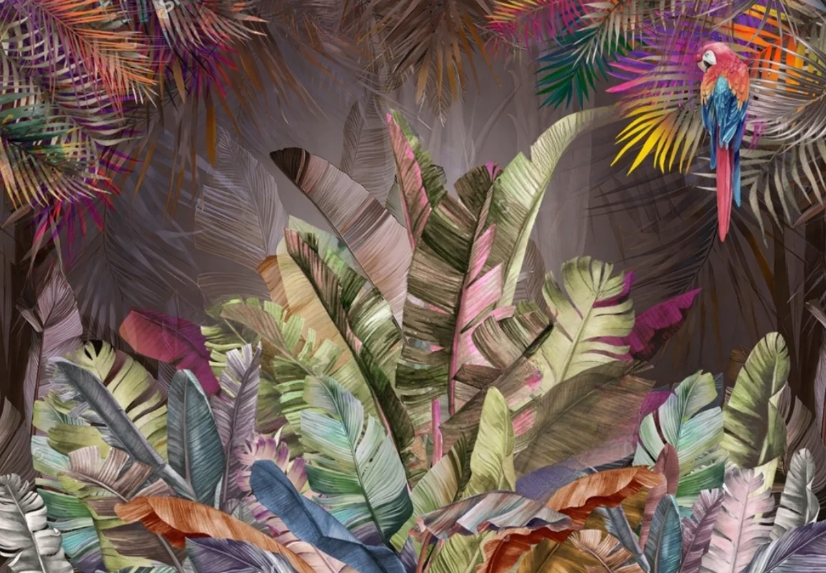 

Custom Nordic tropical plants fresh rainforest palm leaf butterfly living room bedroom interior background wall 3d wallpaper