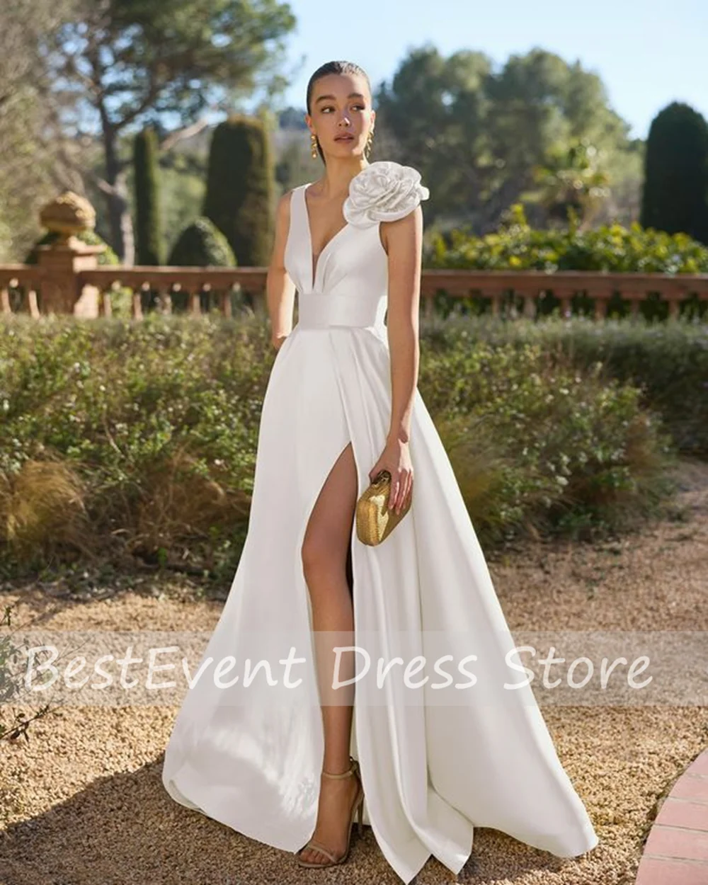 

High Quality V-neck Sleeveless Bridesmaid Dress A-line Backless Floor Length Side Slit Evening Gown with Train robes de soirée