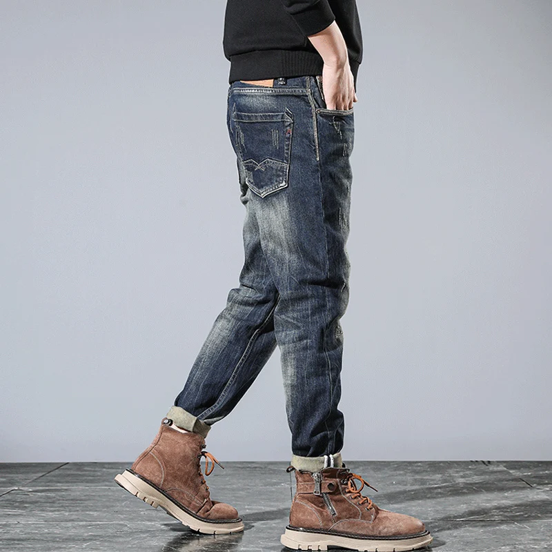 Italian Style Fashion Men Jeans High Quality Retro Washed Blue Stretch Slim Fit Ripped Jeans Men Vintage Designer Denim Pants