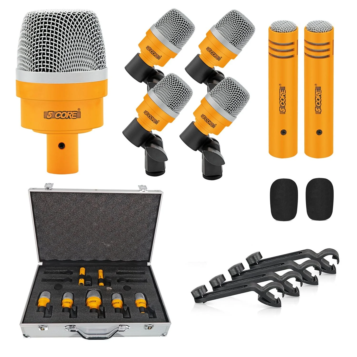 

5 Core Drum Mic Kit 7 Pcs Kick Bass Tom Snare Dynamic Microphone Instrument Mics Set DM 7ACC YLW