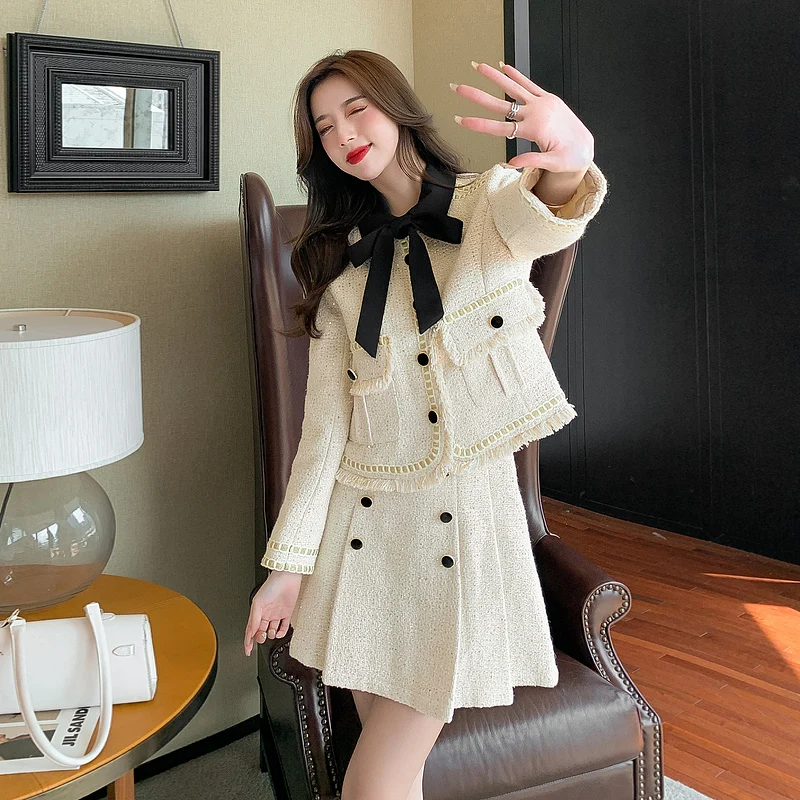 Winter Short Blazer Elegant Office Lady Tweed Coat High Waist A-line Mini Skirt Retro Female Two Piece Suit Jacket