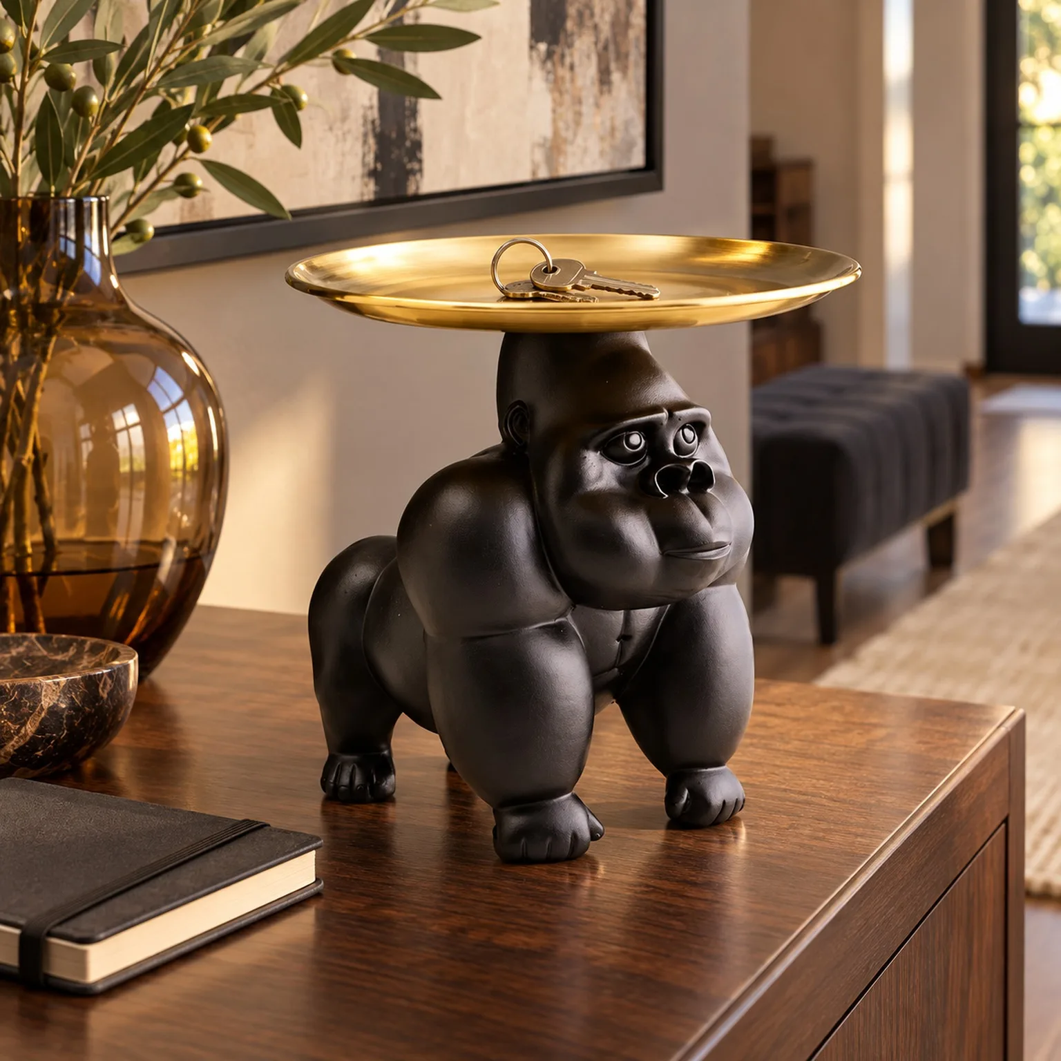 Gorilla Statue with Gold Tray Animal Sculpture Key Jewelry Organizer for Home Decor Entryway Table Desk Black White