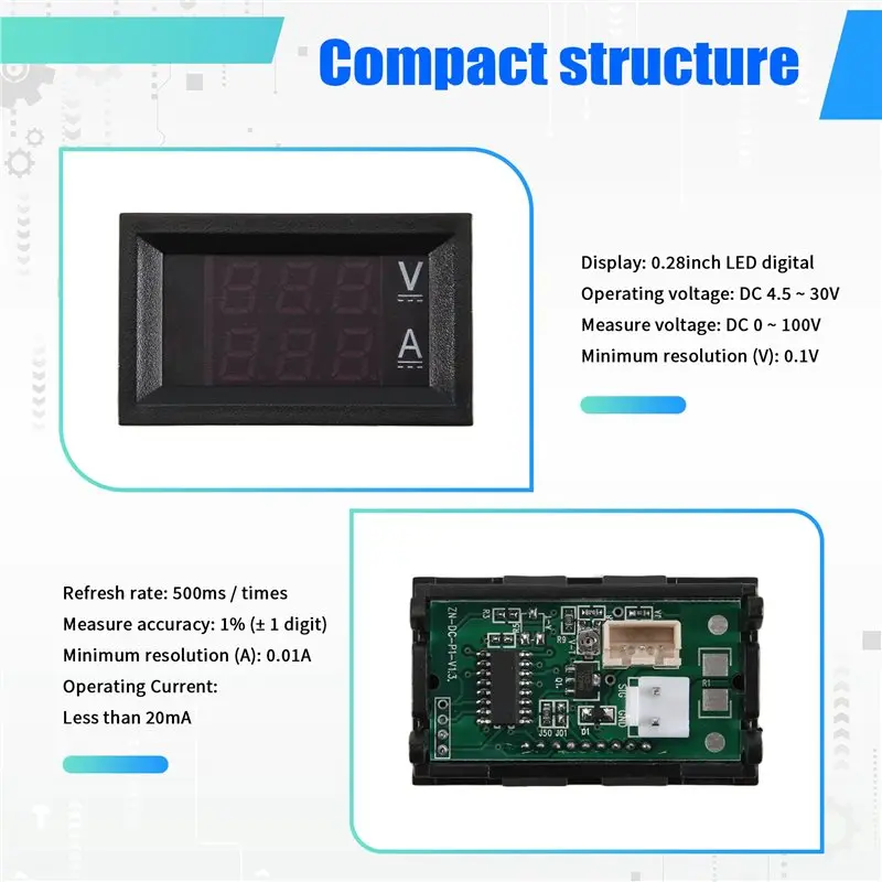 2PCS 0.28Inch Digital Volt Amp Voltmeter Ammeter Meter Voltage Current Tester DC 100V 50A 3 Bits With 50A 75MV Shunt