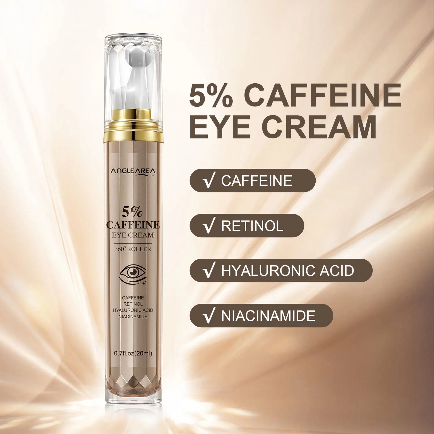 5% Caffeine Eye Cream 360° Roller Massage Ball for Puffy,Fine Lines,Dark Circles Wrinkles,Under eye Treatment Serum Women & Men