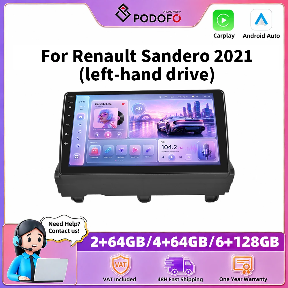 Podofo – autoradio 10 pouces pour Renault Sandero 2021 (conduite à gauche), Carplay sans fil, Android Auto, systèmes de voiture intelligents, navigation GPS, lecteur multimédia, MirrorLink, BT, WIFI, unité principale