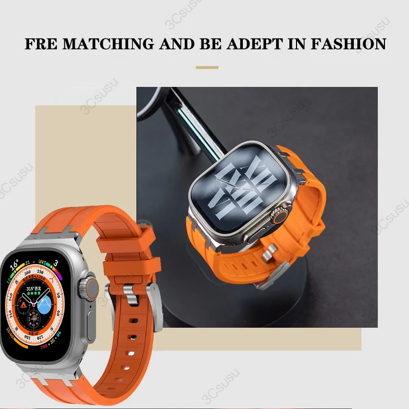 Titanium Color Metal Head Silicone Band for Apple Watch Ultra 2 49mm 45/44/42mm Rubber Strap for Iwatch Series 9 8 7 6 5 4 Se 3