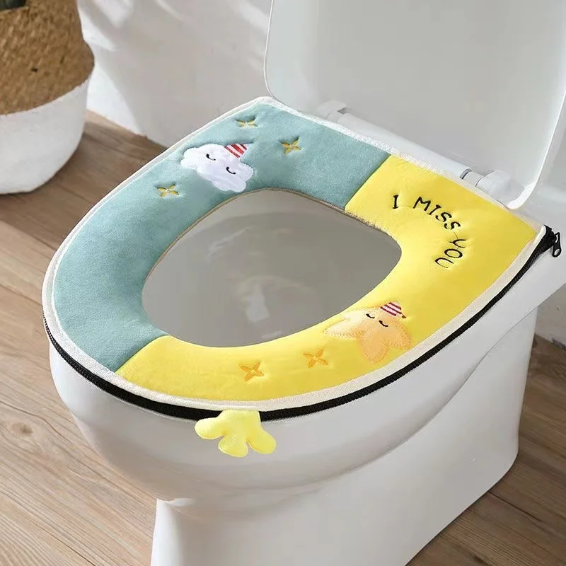 Universal Toilet Seat Cover with Lid Lifter Cute Animal Bathroom Toilet Pad Cushion Soft Thicken Washable Zippered WC Circle Mat