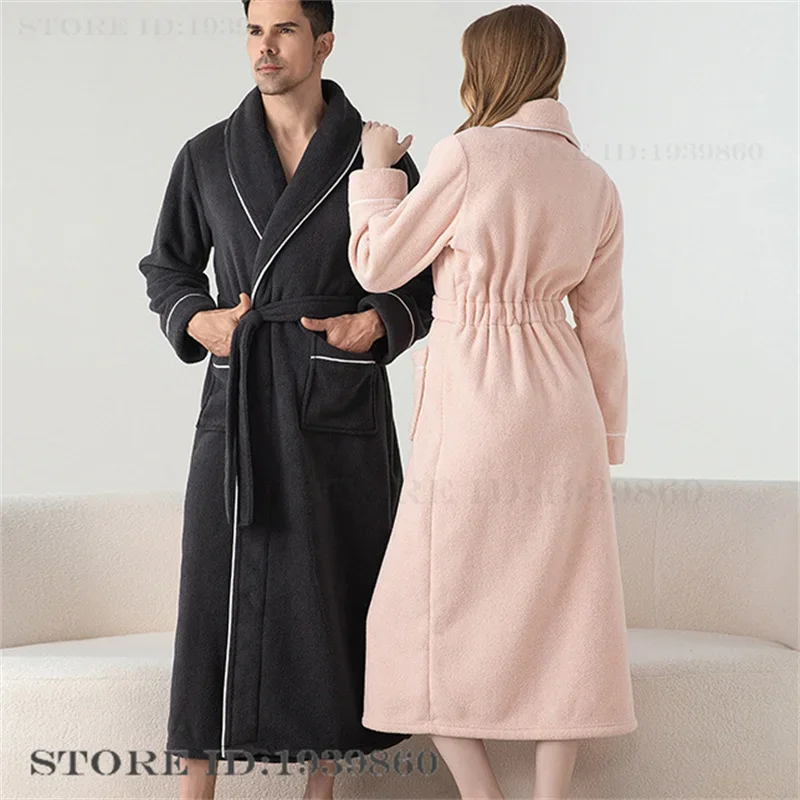 Thicken Flannel Men Women Sleepwear Winter Couple Long Robe Kimono Bathrobe Homewear Casual Coral Fleece Nightwear Loungewear