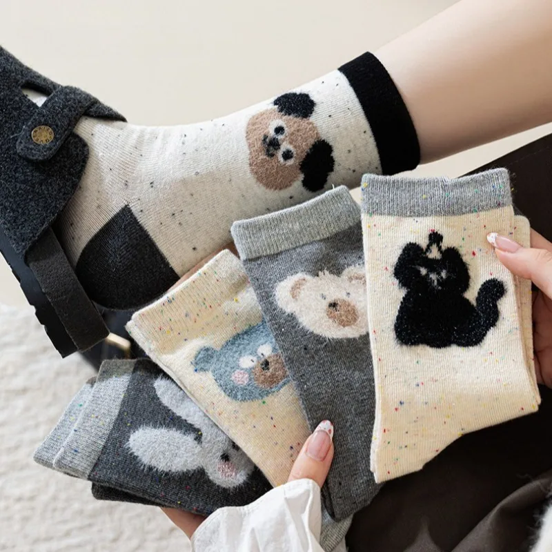 

5 пар милых носков до середины икры, весенне-осенние студенческие носки с рисунком собаки в японском стиле, белые хлопковые теплые женские носки высокого качества