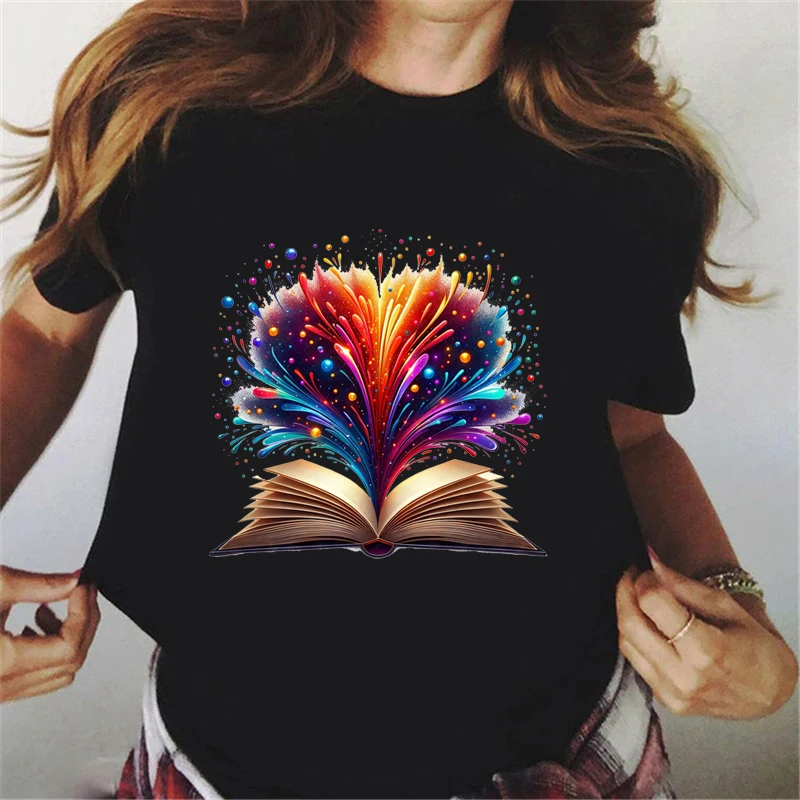 

Cool Watercolor Book Print T-Shirt Women Colorful Literary And Artistic Graphics Tshirt Femme Fashion Trend 90s Tees Women Tops