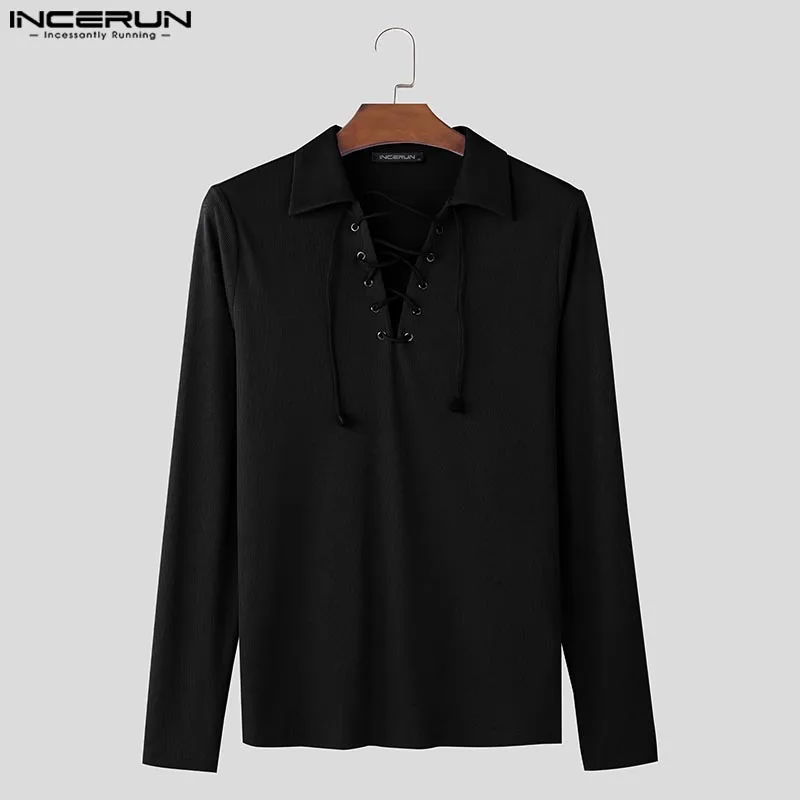 INCERUN 2024 Handsome Men\'s Mesh Drawstring Texture T-shirts Casual Personality Male Solid All-match Long Sleeved Camiseta S-5XL