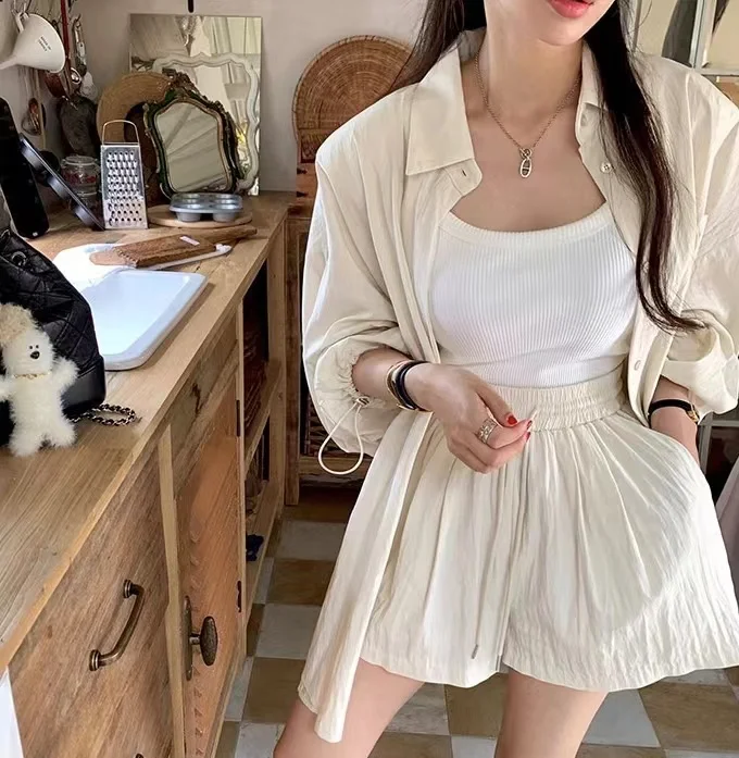 Spring Summer Two 2 piece Set Korean Back Slit Long Sleeve Shirt Top High Waist Wide Leg Shorts Pant For Women Suit