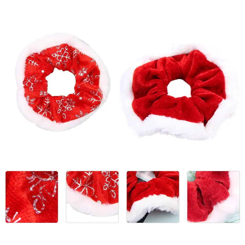 ยางรัดผมผ้านุ่ม 2 ชิ้นพร้อมดีไซน์คริสต์มาส แหวนผมยืดหยุ่นสบายสำหรับการจัดแต่งทรงผมทุกวัน สีแดง สีขาว
