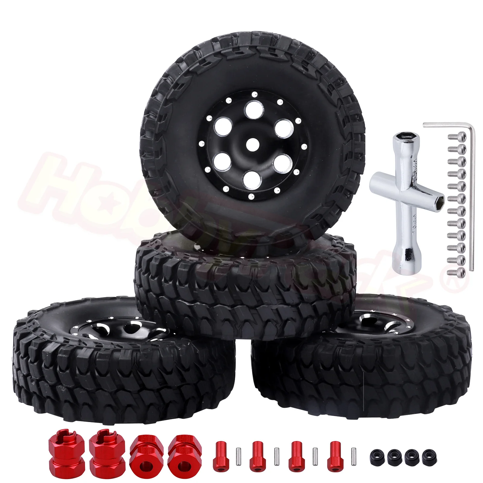 1.0 Beadlock Wheels and Tires w/Foam Inserts with Extended Wheel Spacers Offsets for 1/24 RC Crawler Axial SCX24 90081 Deadbolt