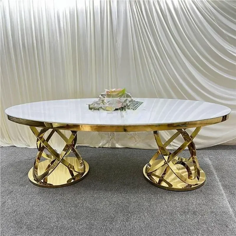

Stainless Steel Wedding Table Gold Luxury Dining Table Party Glass Top Oval Event Dining Table