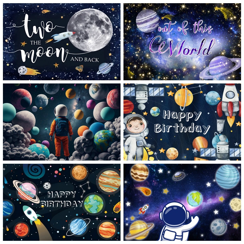 

Outer Space Happy Birthday Backdrop Galaxy Universe Planet Spacecraft Astronaut Blast Off Rocket Baby Shower Photo Background