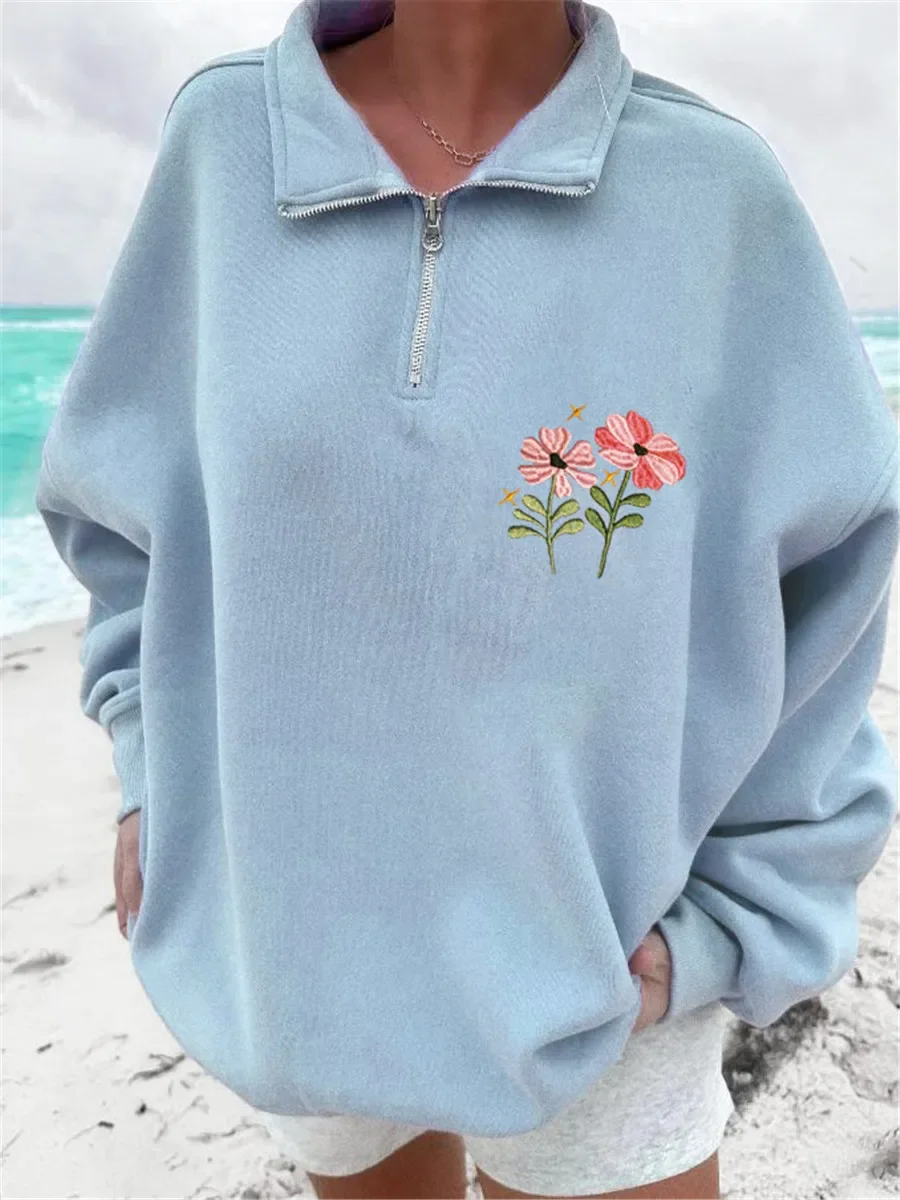 

Women's Spring Autumn Loose Sweatshirt Long Sleeve Lapel Floral Embroidery Zip Up Pullover Tops Female Casual Hoodie Coat Street