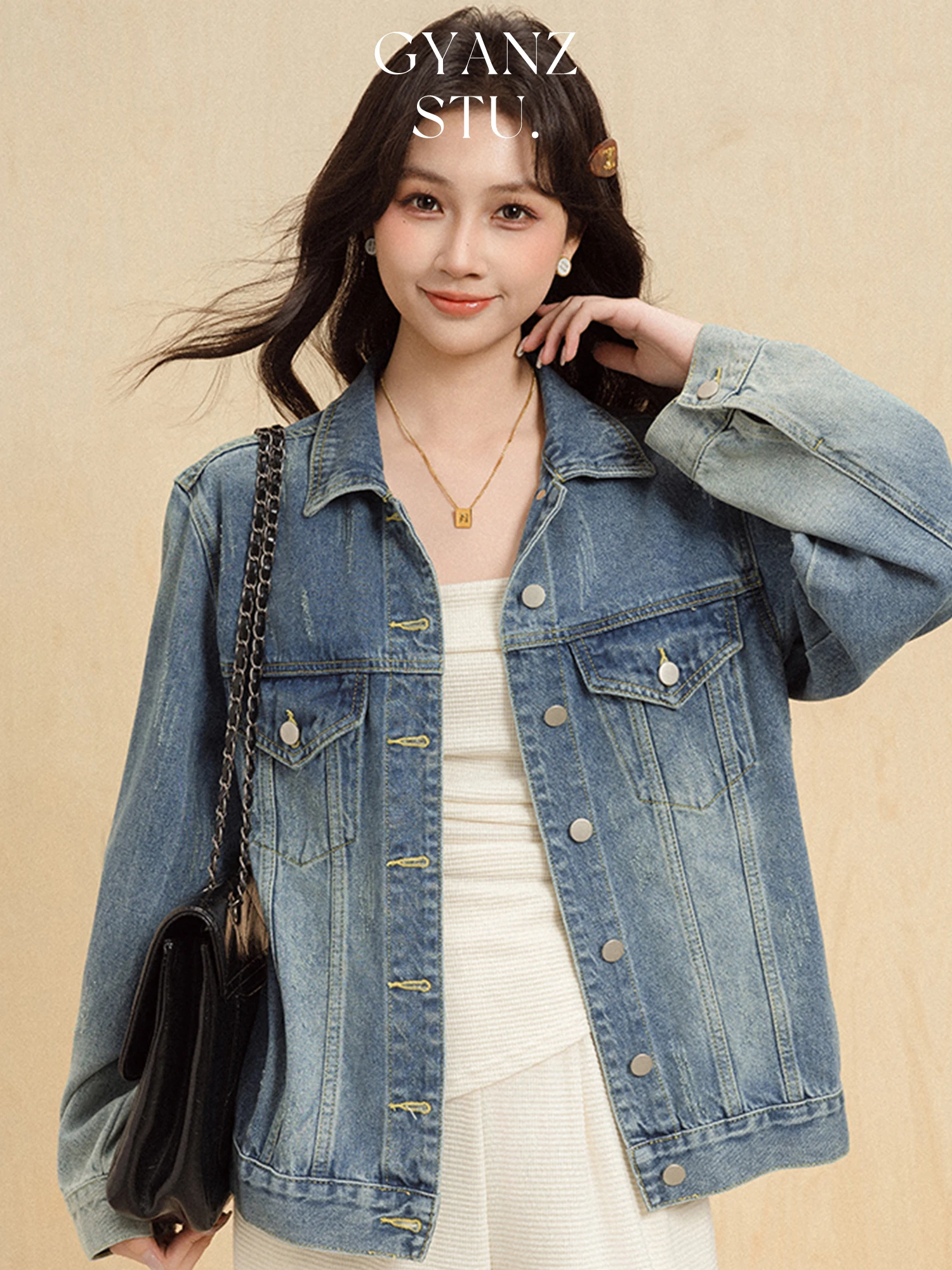 

Женская винтажная джинсовая куртка свободного кроя, повседневная, универсальная, для ранней осени, новинка, для ежедневной носки