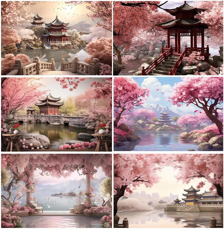 Japanese Style Photographic Backdrops Pink Cherry Blossom Tree Sakura Mount Fuji Traditional Attic Room Decoration Backgrounds