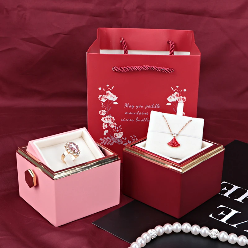 Caja de joyería de San Valentín para mujer, estuche de almacenamiento de collar con colgante de boda giratorio, Rosa eterna, caja de regalo para