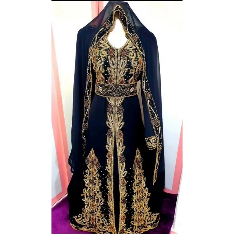 

Black Dubai Morocco Kaftans Farasha Abaya Dress Very Fancy Long European and American Fashion Trends