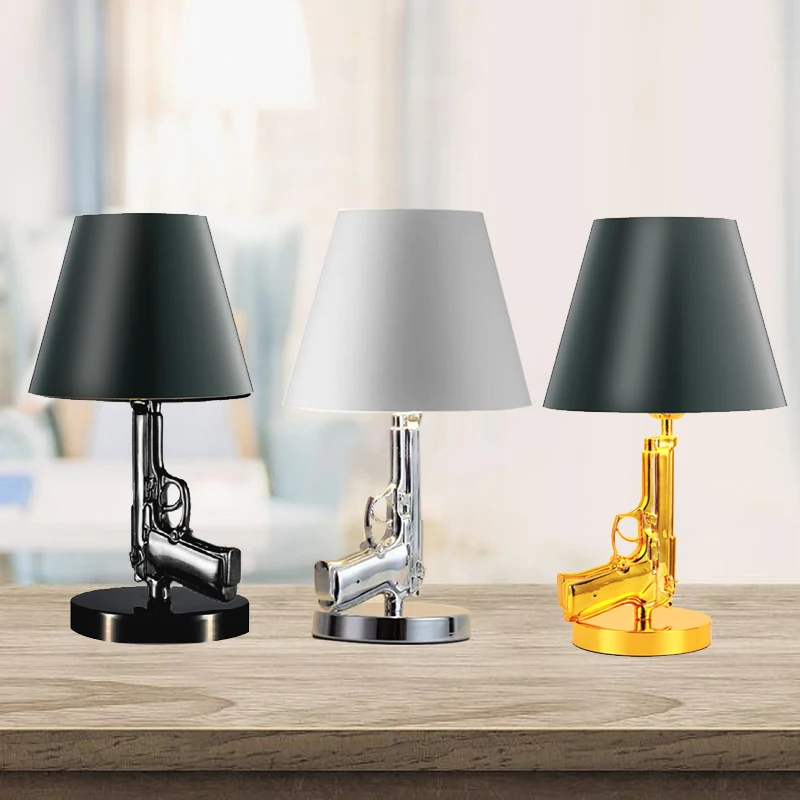 مصباح طاولة مسدس حديث، مصباح مكتبي، جسم مسدس مطلي بالكهرباء مع غطاء قماش، مصباح طاولة مسدس، ديكور منزلي، معدن، أسود #5