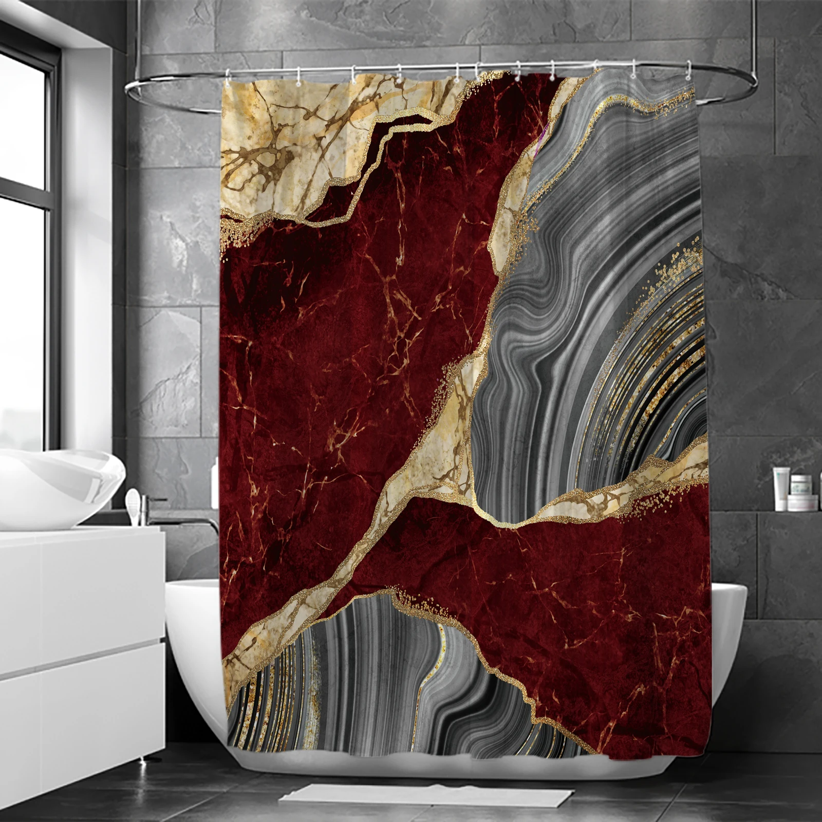 1Pc wine red marble shower curtain set, gold crack line gray abstract bathroom decoration modern art waterproof 71x71 inches