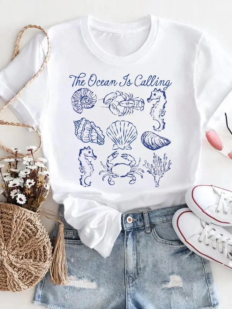 الترفيه عطلة المرأة المأكولات البحرية تي شيرت مطبوع السفر نمط قصيرة الأكمام تي شيرت تنوعا الملابس النسائية #1