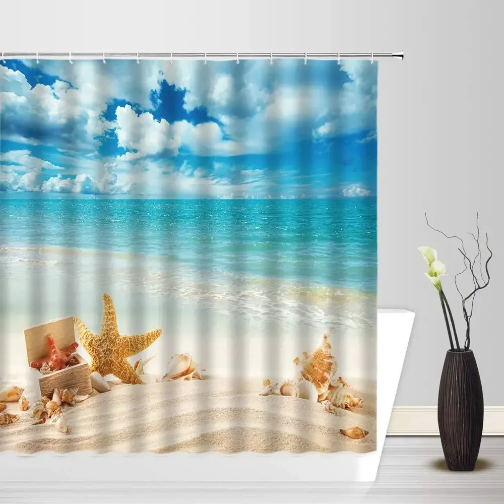 Starfish Beach Shower Curtains Seashells Tropical Sea Waves Conch Sunrise Ocean Blue Sky Hawaiian Seaside Fabric Bathroom Decor