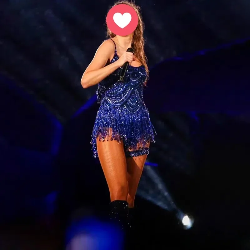 

customized Star Concert Concert Blue Tassel White Versatile Ball Music Festival Performance Dress sexy stage outfit