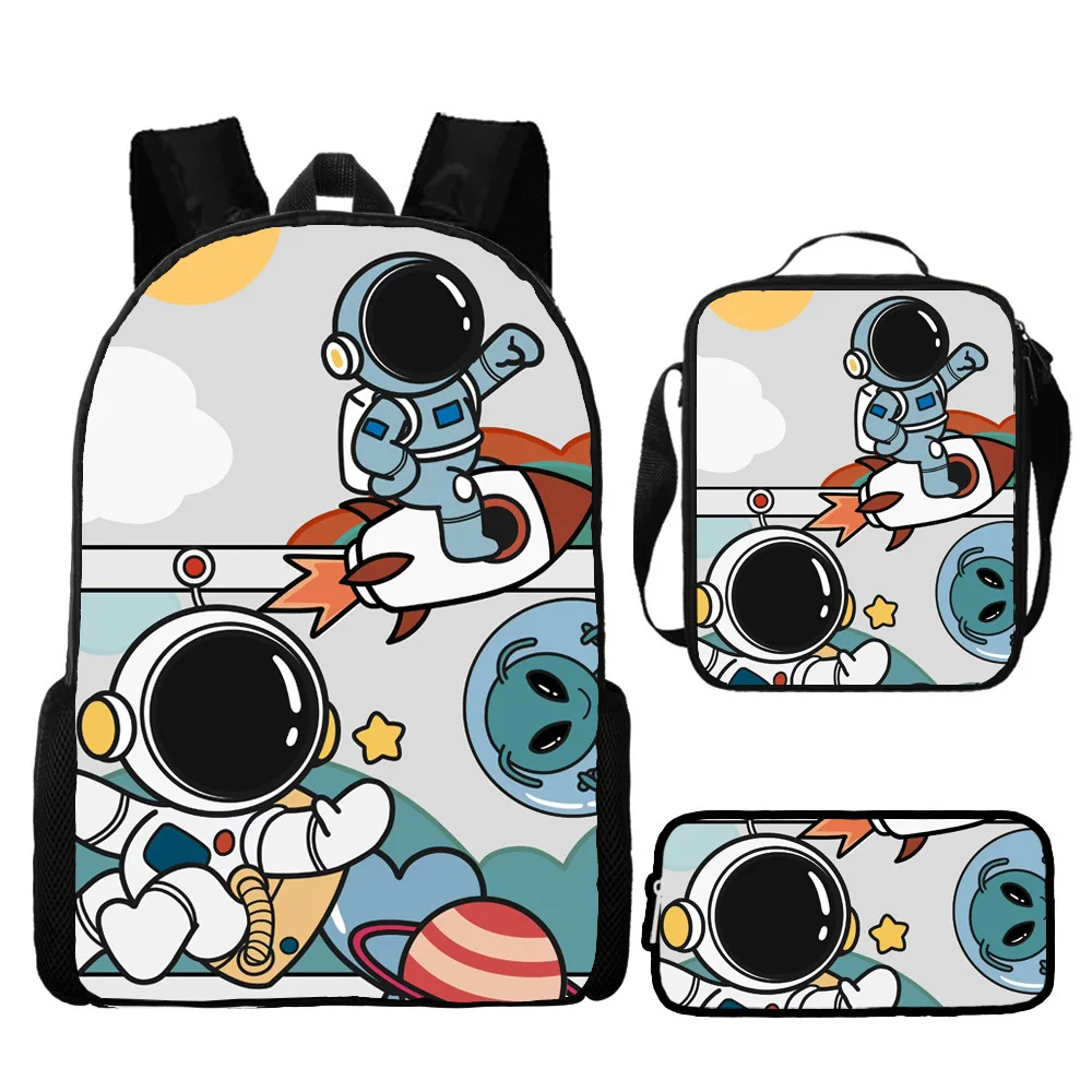 Cartoon Out Space Astronaut School Backpack for Teens Kids Bookbag Set with Lunch Box Pencil Case Travel Laptop Backpack