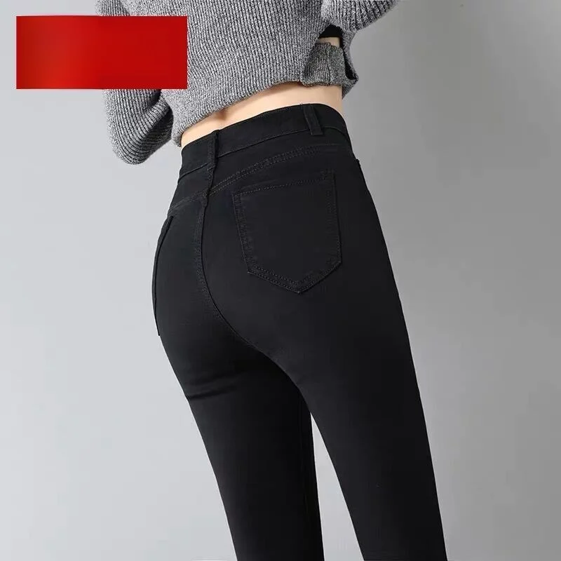 

High Waist Bla Skinny Jeans Women's Korean Sle Student Slim Fit Nine Points Pencil Pants Elastic Jeans Versatile Deep Color