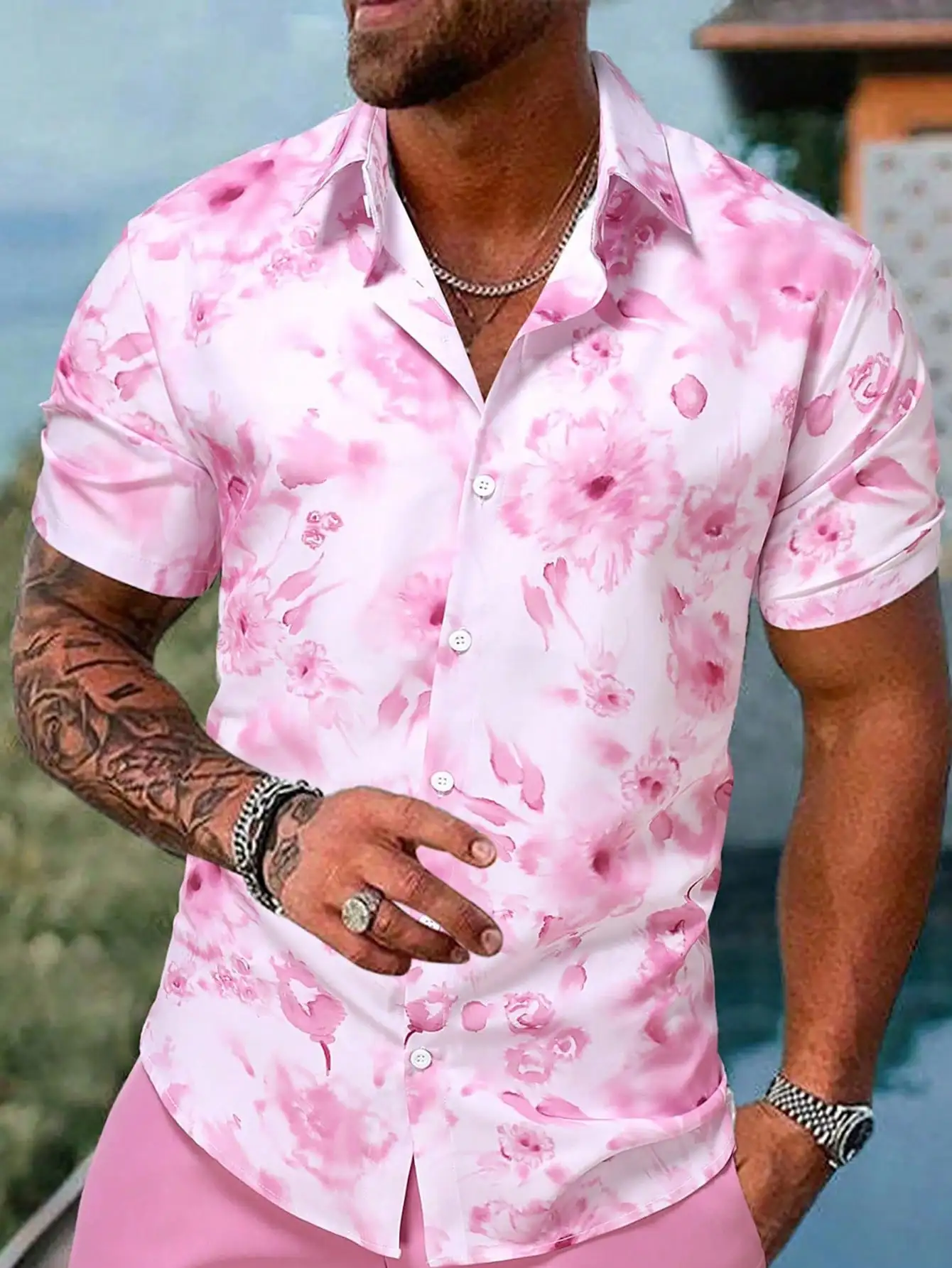 

Men's Pink Floral Print Short Sleeve Casual Shirt, Lightweight Summer Wear