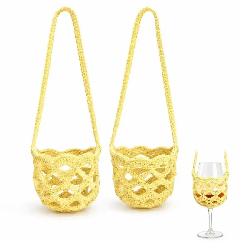 1Pcs Portable Knitted Crochet Wine Glass Crossbody Holder Hollow Knitted Wine Cup Sling Sleeve With Shoulder Strap Goblet Carry
