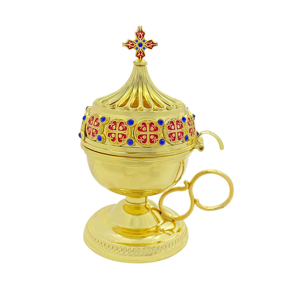 High End Liturgical Orthodox Hand Incense Burner Dual Gold Silver Finish Intricate Enamel Cross Rhinestone For Cathedral Priest