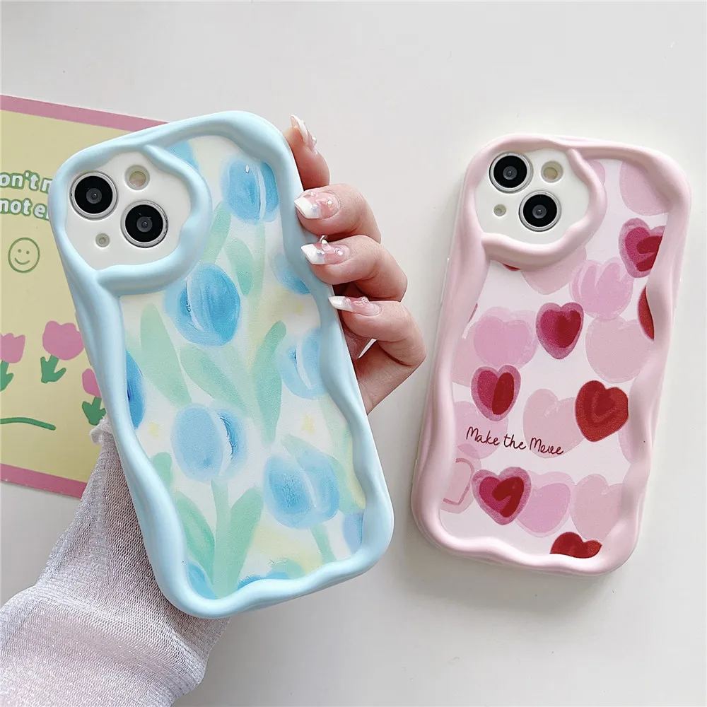 Pokrowiec na kwiaty z kędzierzawą falą i kremem w kształcie serca dla Samsung Galaxy A52 A53 A04E A14 A24 A34 A54 A23 A13 A32 5G 4G silikonowa obudowa telefonu
