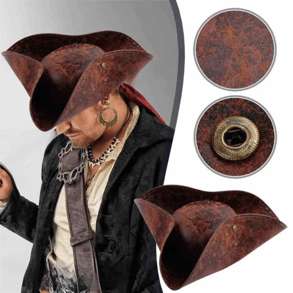 

PU Leather Halloween Pirate Hat Vintage Buttoning Design Captain Tricorn Hat Triangular Masquerade Party Cosplay Hat Performance