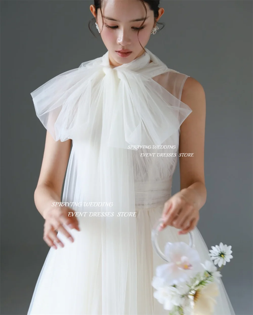 SPRAYING Elfenbeinfarbenes Tüll-A-Linien-langes Hochzeitskleid, Korea, Fotoshooting, O-Ausschnitt, ärmellose Brautkleider, Korsett, maßgeschneidert,  soi