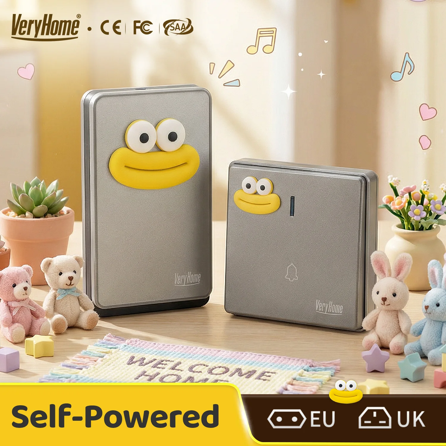 

Беспроводной дверной звонок с автономным питанием и милым смайликом, радиус действия 120 м, регулируемая громкость 90 дБ, водонепроницаемый и простой в установке