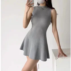 Vestido corto de punto sin mangas para mujer, minivestido Sexy de corte en A, con cuello levantado, color liso, para verano y otoño