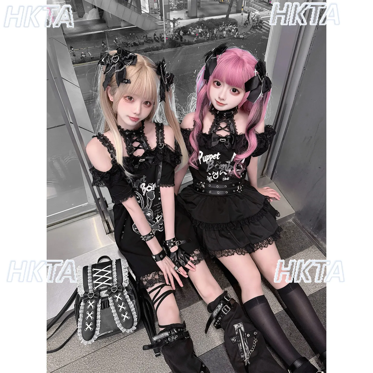 Dark Subculture Y2k Goth Sweet Cool Hot Girl Alphabet Print Lace Bow Collar Short Sleeve T shirt top Cake Skirt Black Sets Women view 2