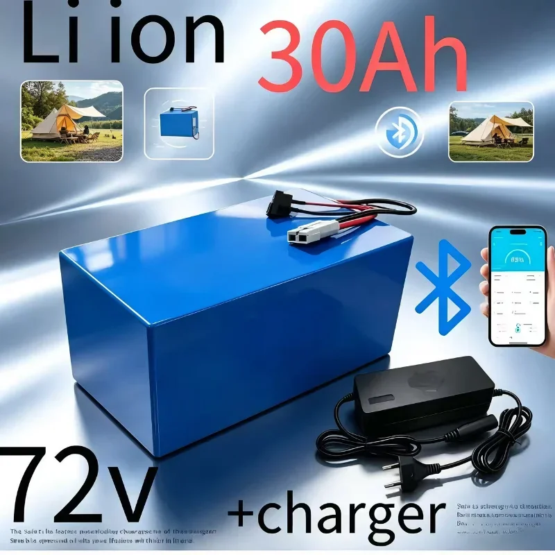 Bluetooth APP Monitoring 72V 30Ah Lithium Polymer LiPo Battery with 5A Charger, Deep Cycle Rechargeable High Power Battery for 3