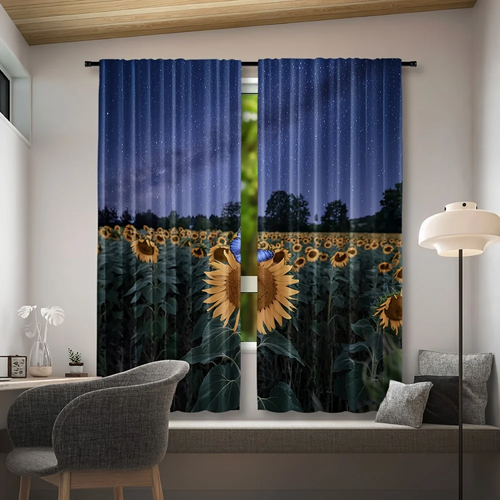 2pcs Sunflower & Blue Butterfly Window Curtains - Vibrant Galaxy Nature Theme Drapes for Bedroom & Living Room Decor, Semi-Trans