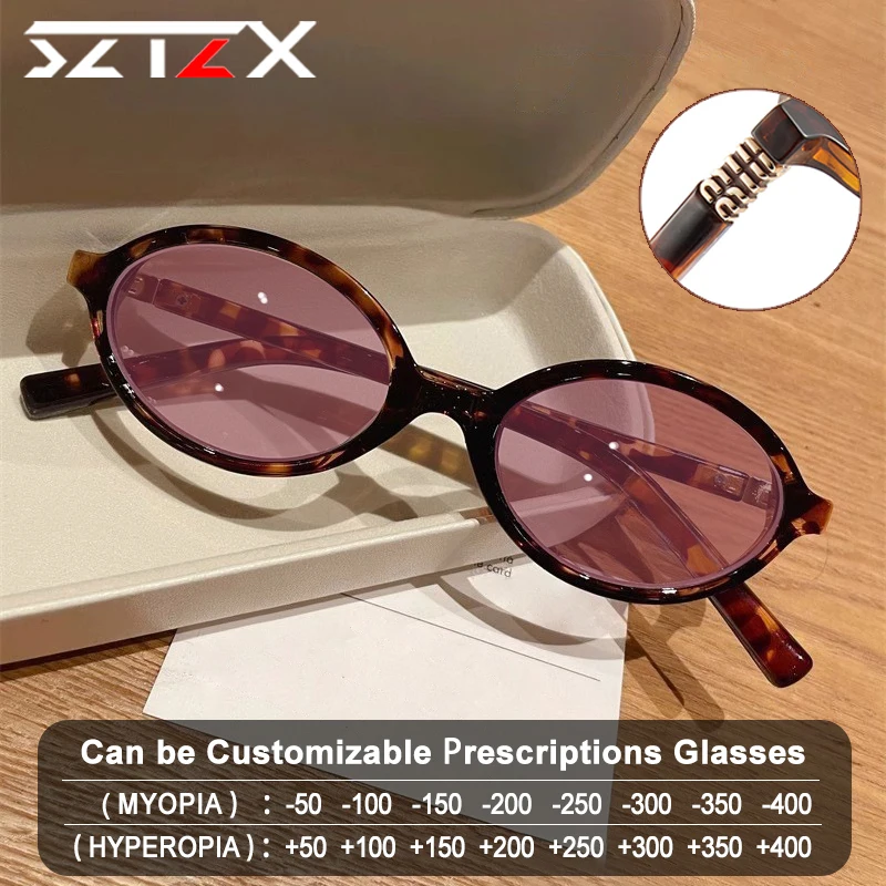 

SZTZX Hot Sales Retro Women Oval Color Tine Sunglasses Trendy Small Frames Blue Light Filter Myopia Reading Prescription Glasses
