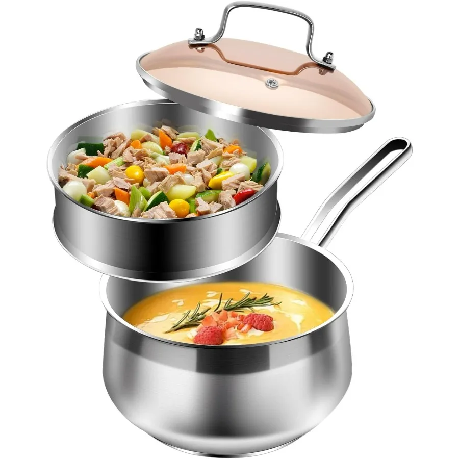 

Stainless Steel Saucepan with Steamer Basket, 2.5 QT Cooking Pot All Stove Compatible - Soup Pot Perfect for Cooking Gravies, Pa